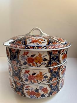 美濃焼　庫山窯　染付山水絵　大きい三段重　お重　重箱　蓋付重ね鉢　レトロ 2338366104.jpg?1722867185